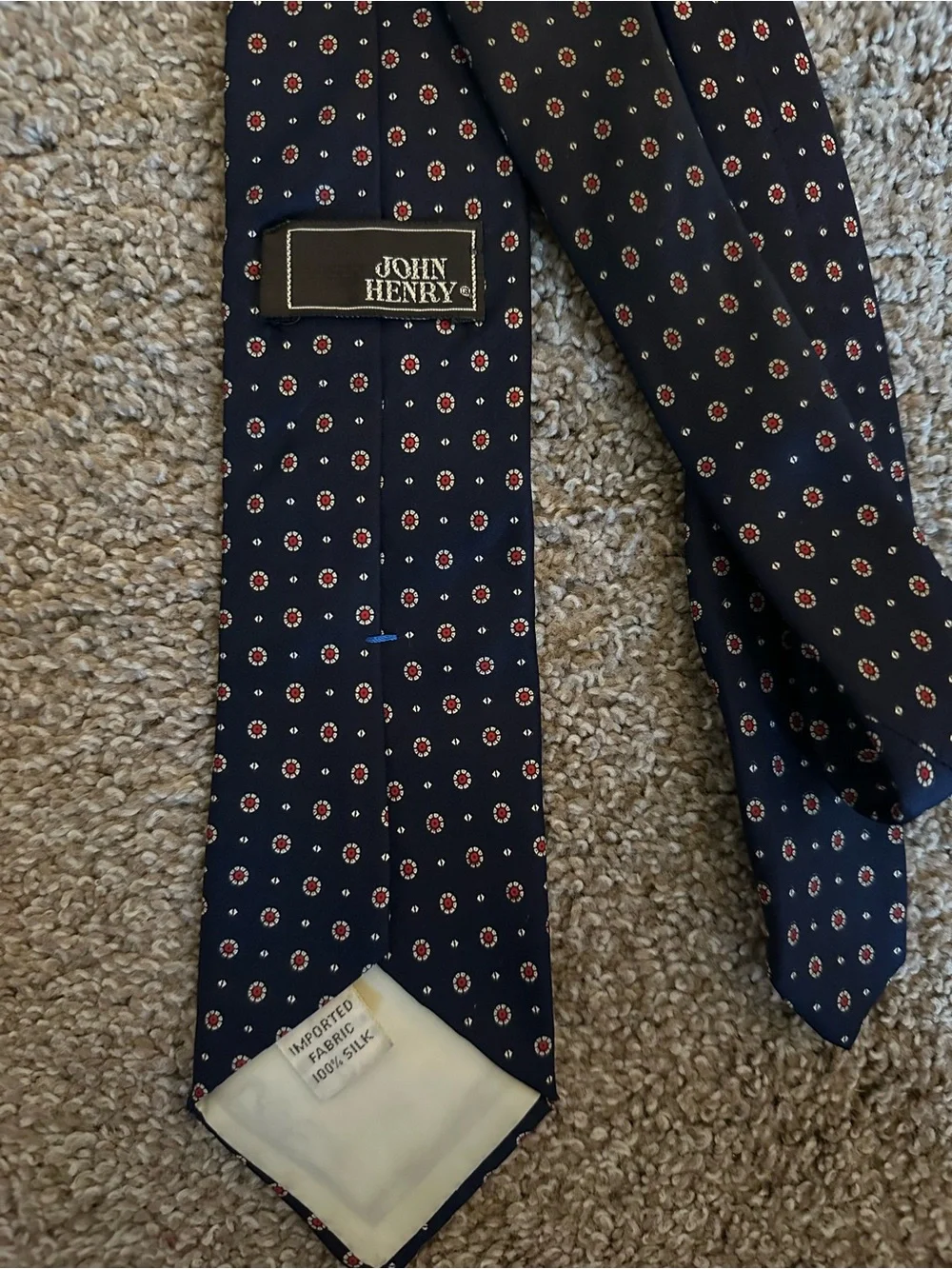 Men's Navy Tie with Small Red Dot Pattern